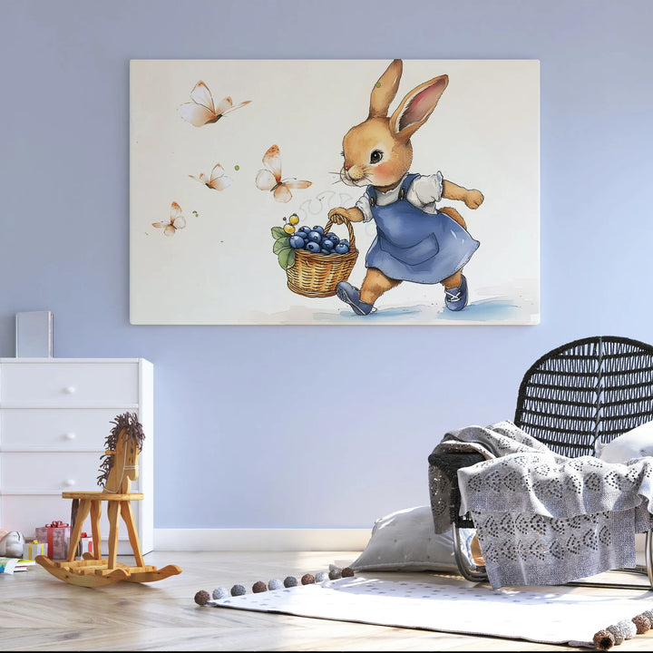 Nursery wall art featuring a cute rabbit in blue dress with basket of blueberries and butterflies