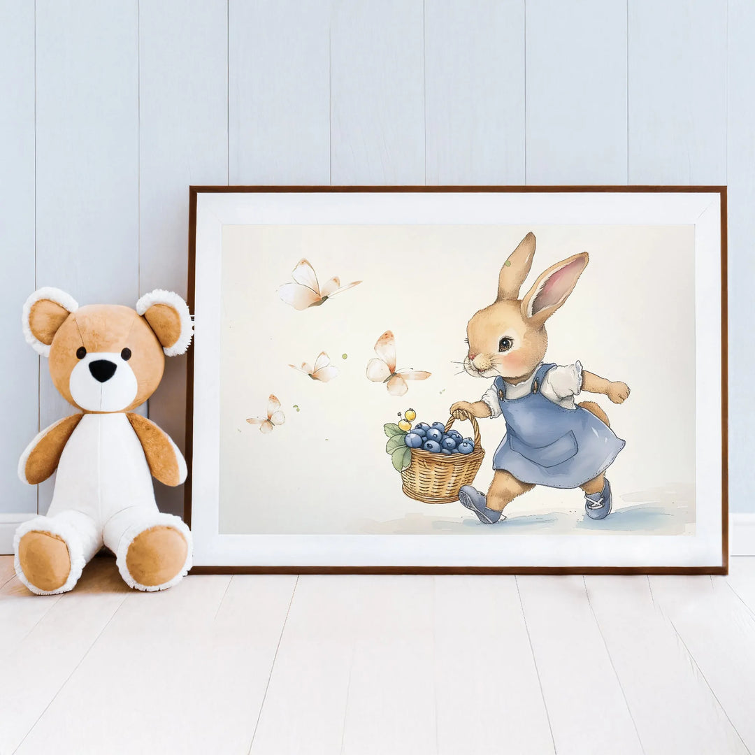 Blueberry Bunny Nursery Poster – Cute Kids Room Wall Art with Rabbit and Butterflies - iCustomLabel