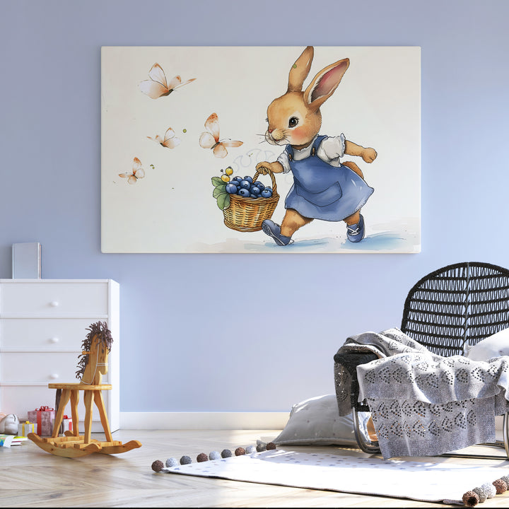 Blueberry Bunny Nursery Poster – Cute Kids Room Wall Art with Rabbit and Butterflies - iCustomLabel