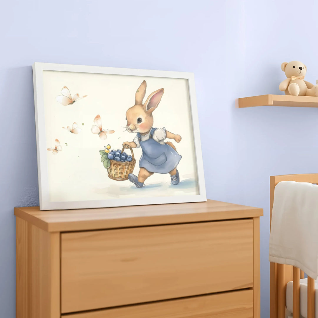Blueberry Bunny Nursery Poster – Cute Kids Room Wall Art with Rabbit and Butterflies - iCustomLabel
