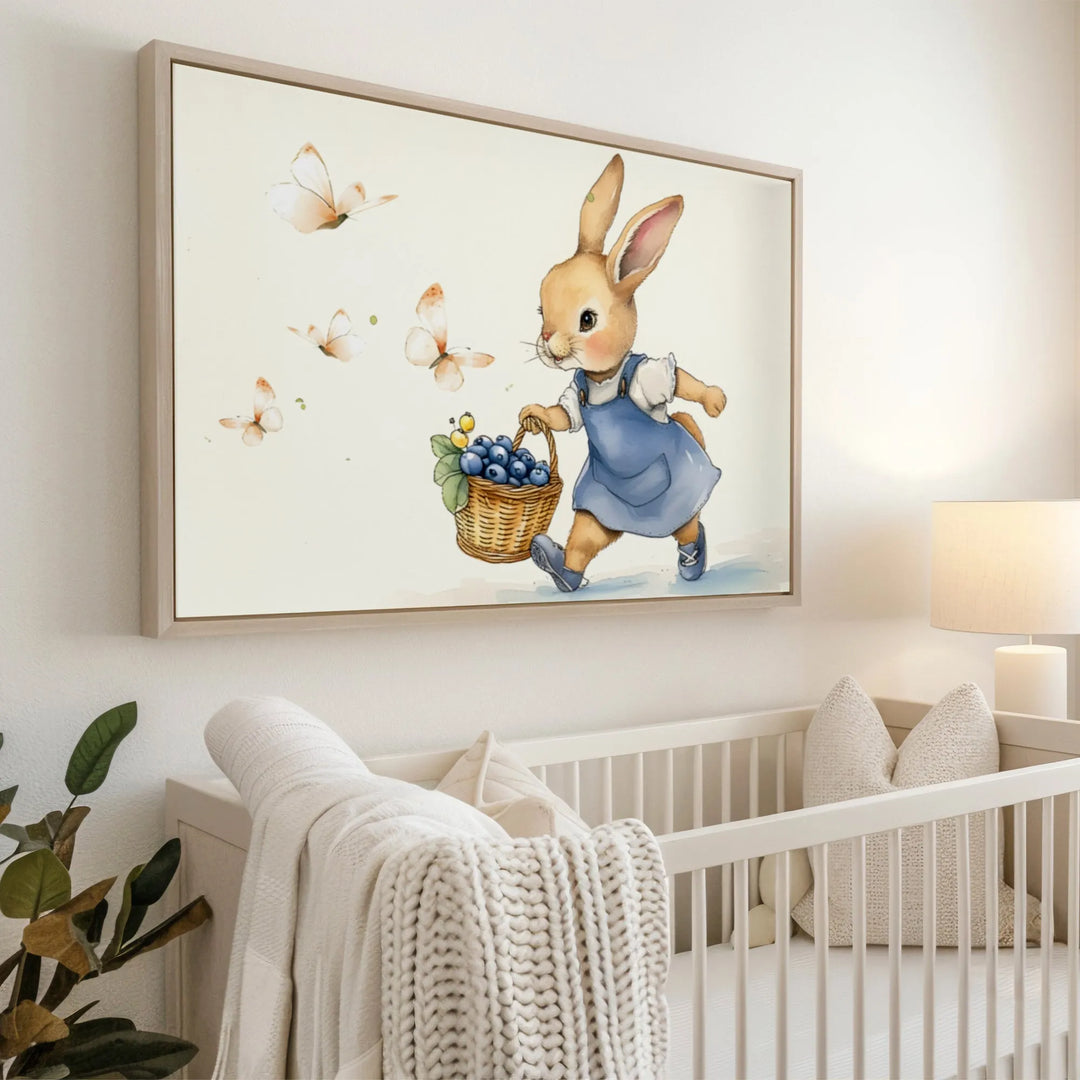 Blueberry Bunny Nursery Poster – Cute Kids Room Wall Art with Rabbit and Butterflies - iCustomLabel