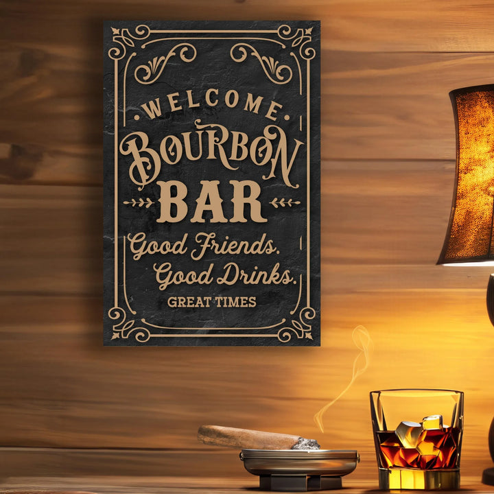 Vintage metal sign reading Welcome Bourbon Bar with good friends and drinks text on wood wall