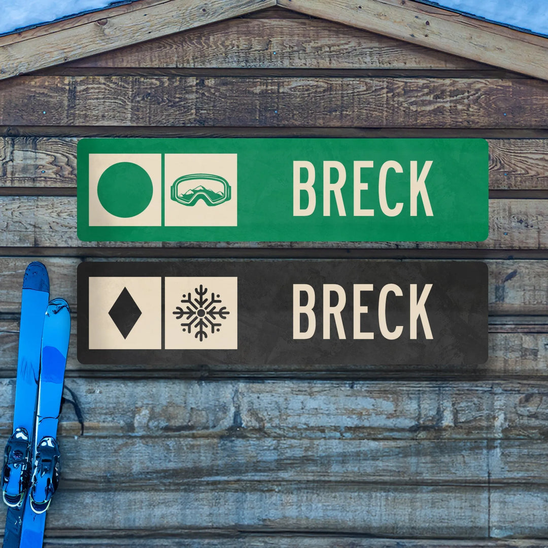 Breckenridge ski trail metal signs with green circle and black diamond symbols and blue skis leaning on wood wall
