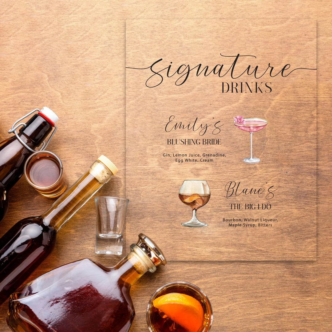 Wooden custom wedding sign listing bride and groom signature drinks with bottle and glasses