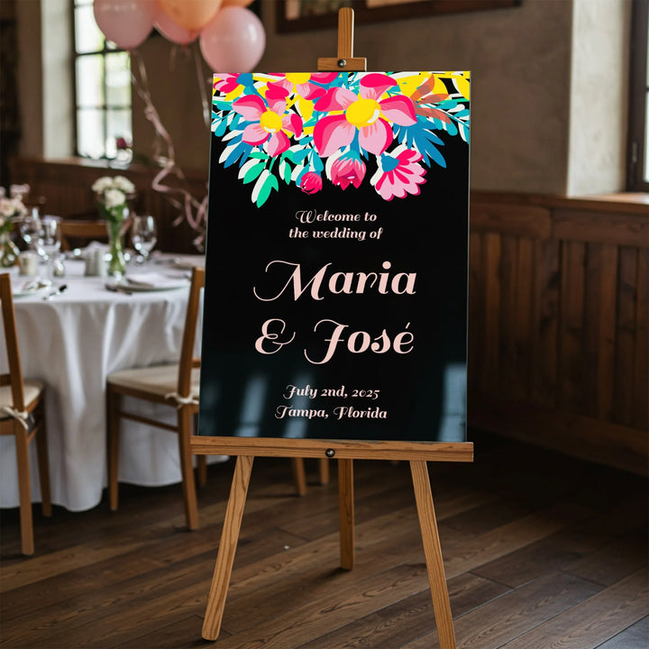 Bright floral wedding welcome sign for Maria and José, July 2nd, 2025, Tampa reception setup