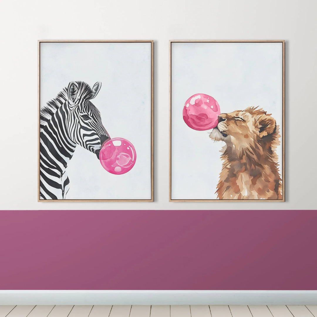 Bubblegum Buddies Nursery Poster – Zebra and Lion with Pink Bubbles - iCustomLabel