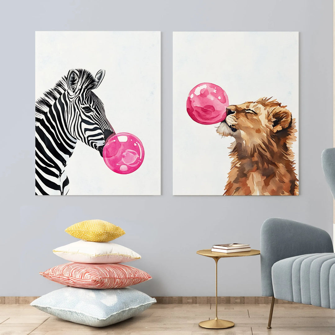 Bubblegum Buddies Nursery Poster – Zebra and Lion with Pink Bubbles - iCustomLabel