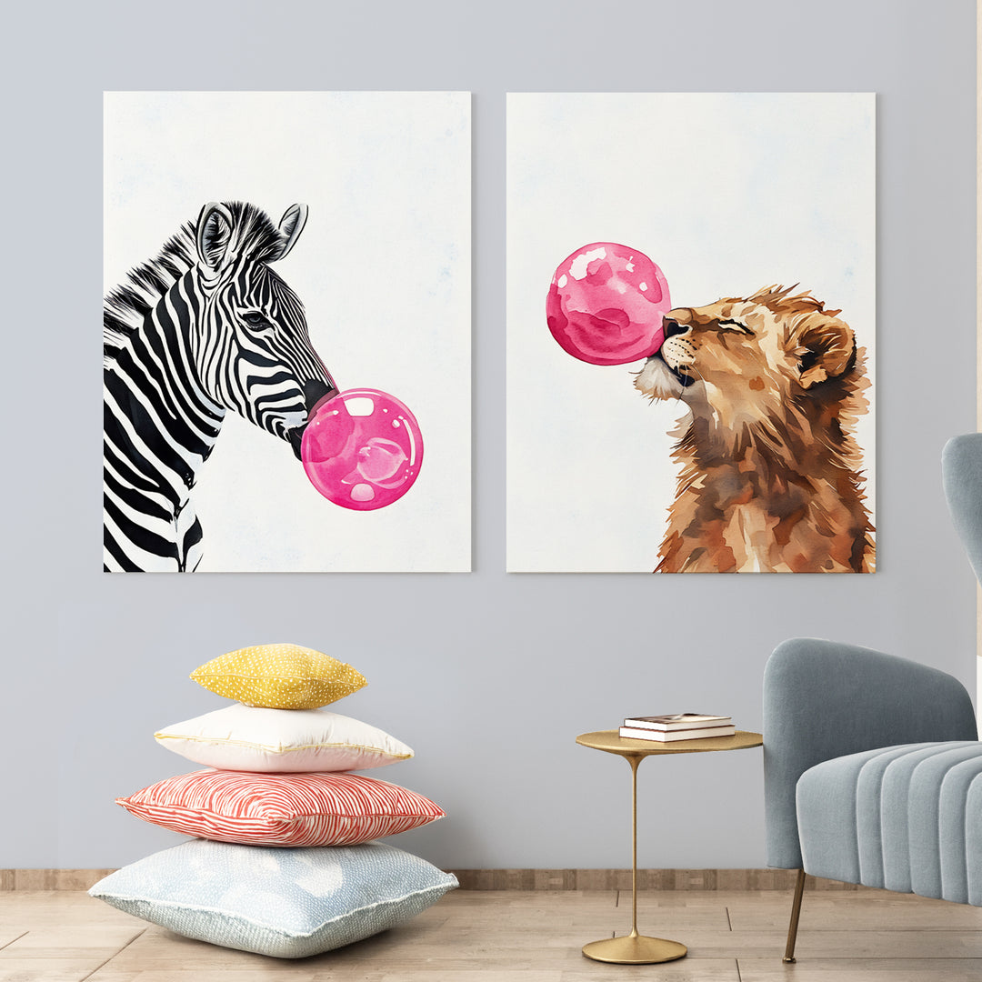 Bubblegum Buddies Nursery Poster – Zebra and Lion with Pink Bubbles - iCustomLabel