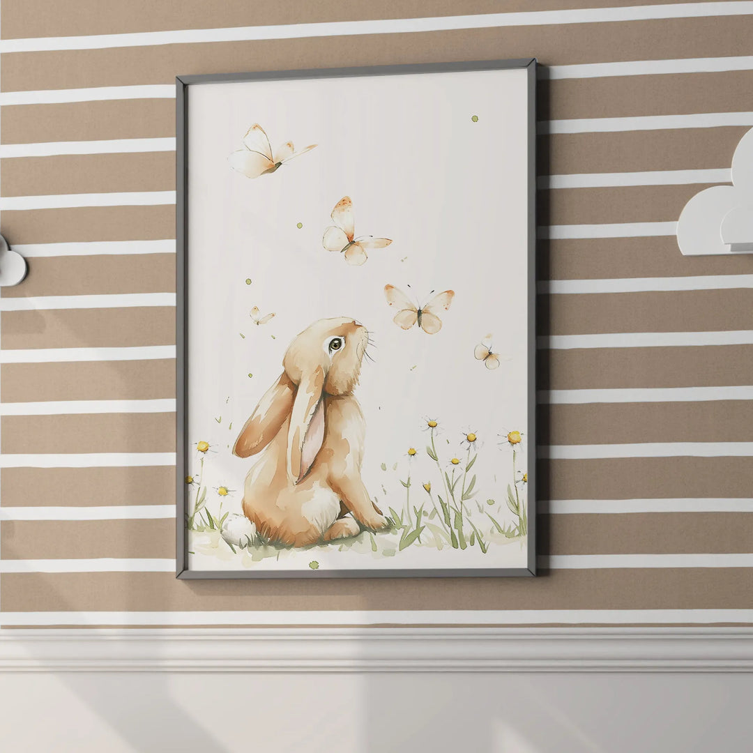 Bunny and Butterflies Nursery Poster – Cute Kids Room Wall Art with Flowers - iCustomLabel