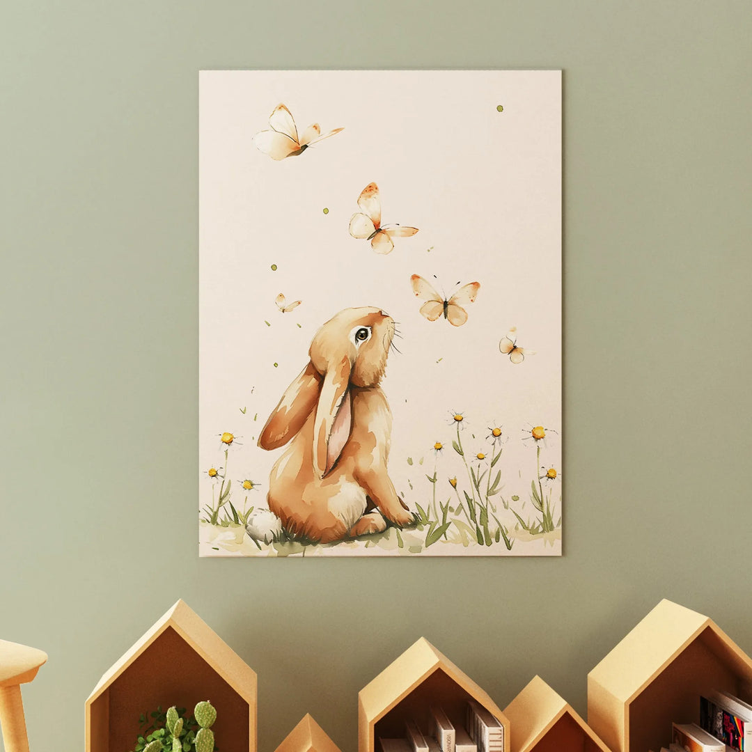Bunny and Butterflies Nursery Poster – Cute Kids Room Wall Art with Flowers - iCustomLabel