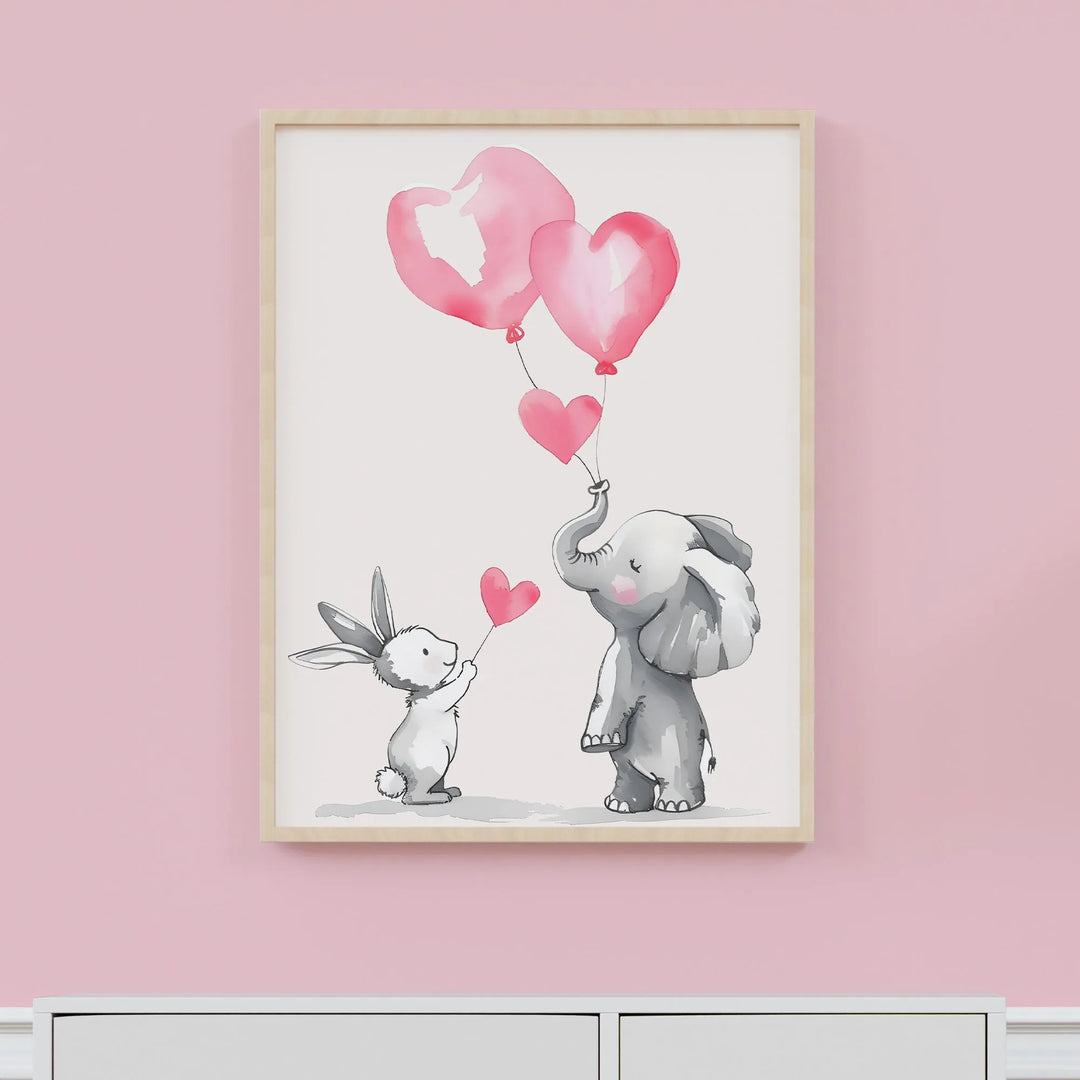 Nursery wall art of bunny and elephant holding pink heart-shaped balloons in watercolor style