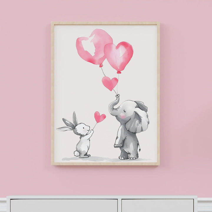 Nursery wall art of bunny and elephant holding pink heart-shaped balloons in watercolor style