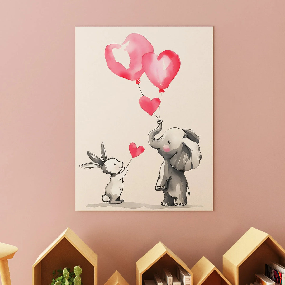 Bunny and Elephant Balloon Friends Nursery Poster – Cute Kids Room Wall Art with Heart Balloons - iCustomLabel