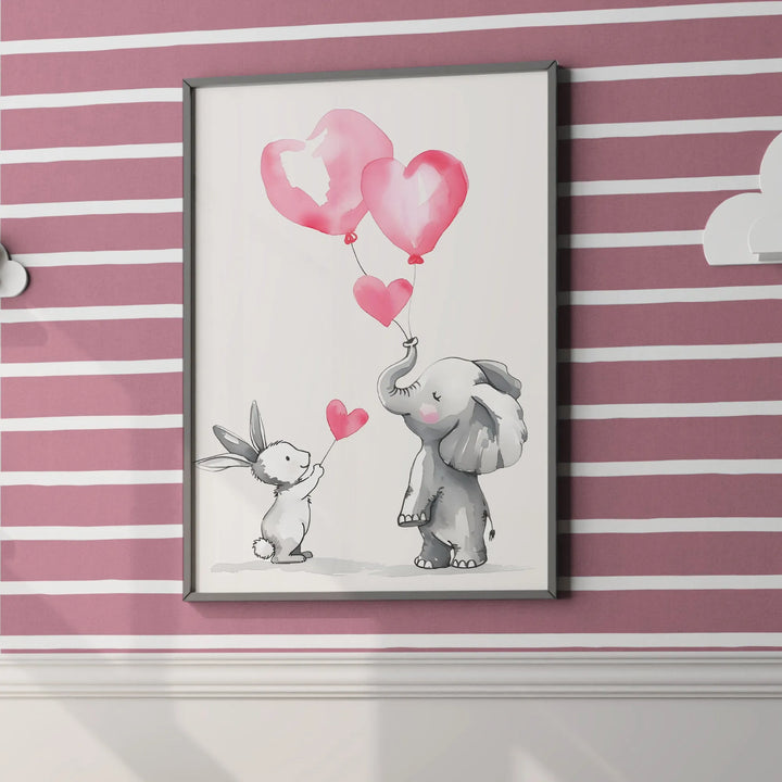 Bunny and Elephant Balloon Friends Nursery Poster – Cute Kids Room Wall Art with Heart Balloons - iCustomLabel