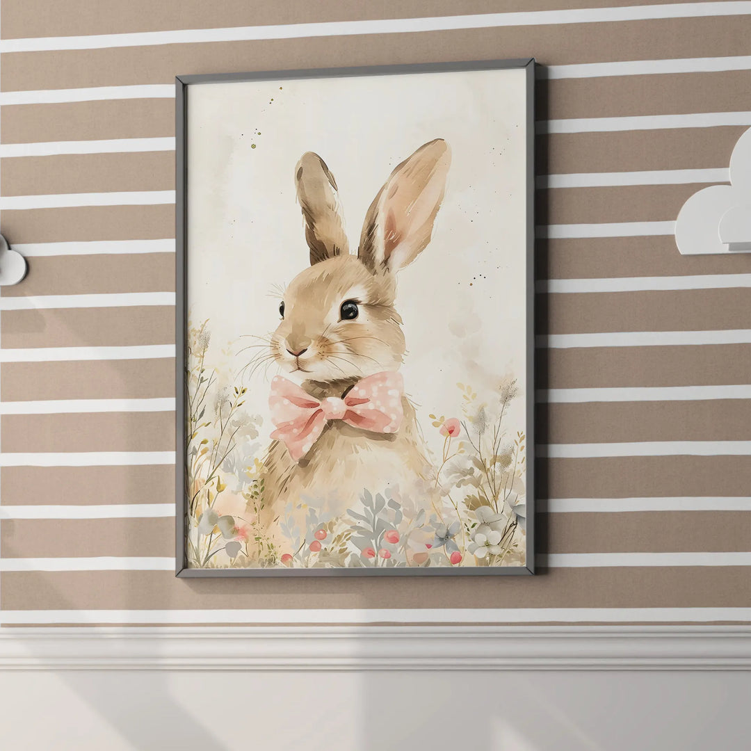 Framed watercolor poster of a cute bunny with pink bowtie surrounded by flowers on striped nursery wall