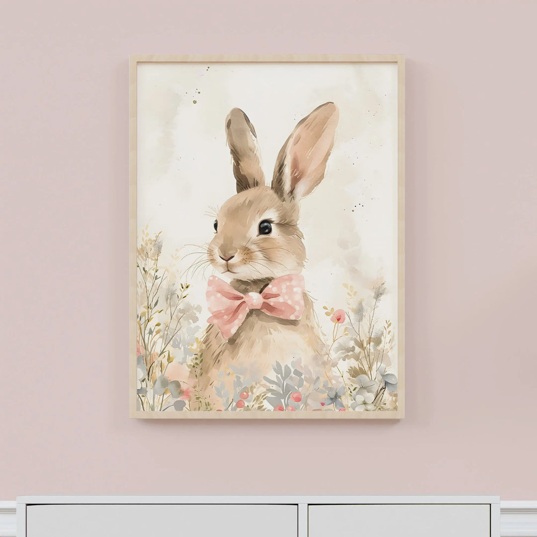 Bunny Garden Nursery Poster – Cute Kids Room Wall Art with Pink Bowtie - iCustomLabel