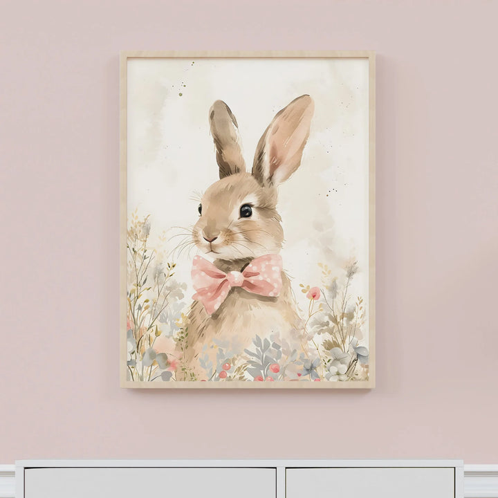 Bunny Garden Nursery Poster – Cute Kids Room Wall Art with Pink Bowtie - iCustomLabel
