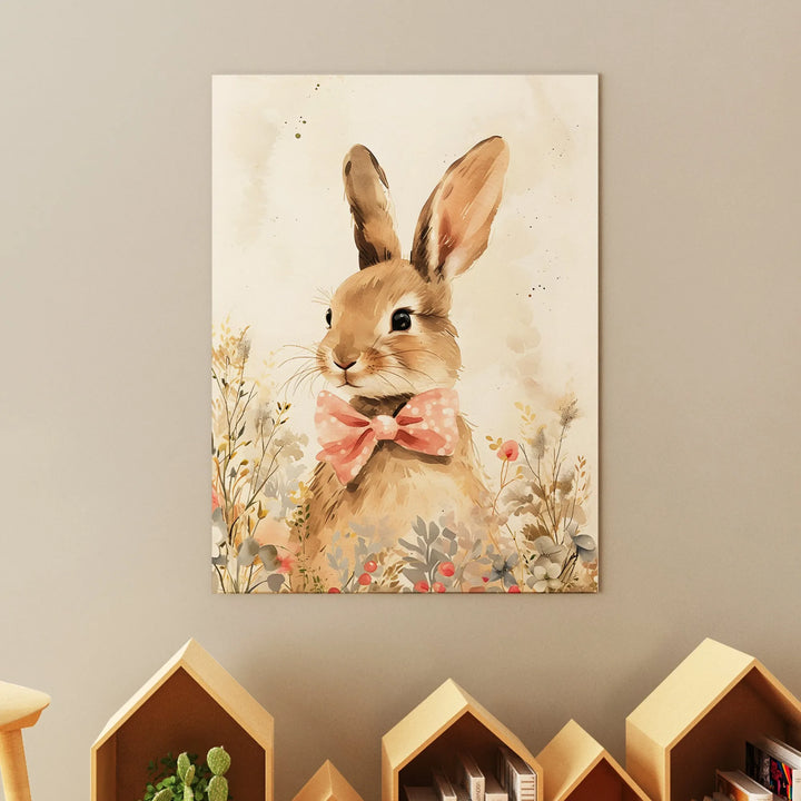 Bunny Garden Nursery Poster – Cute Kids Room Wall Art with Pink Bowtie - iCustomLabel