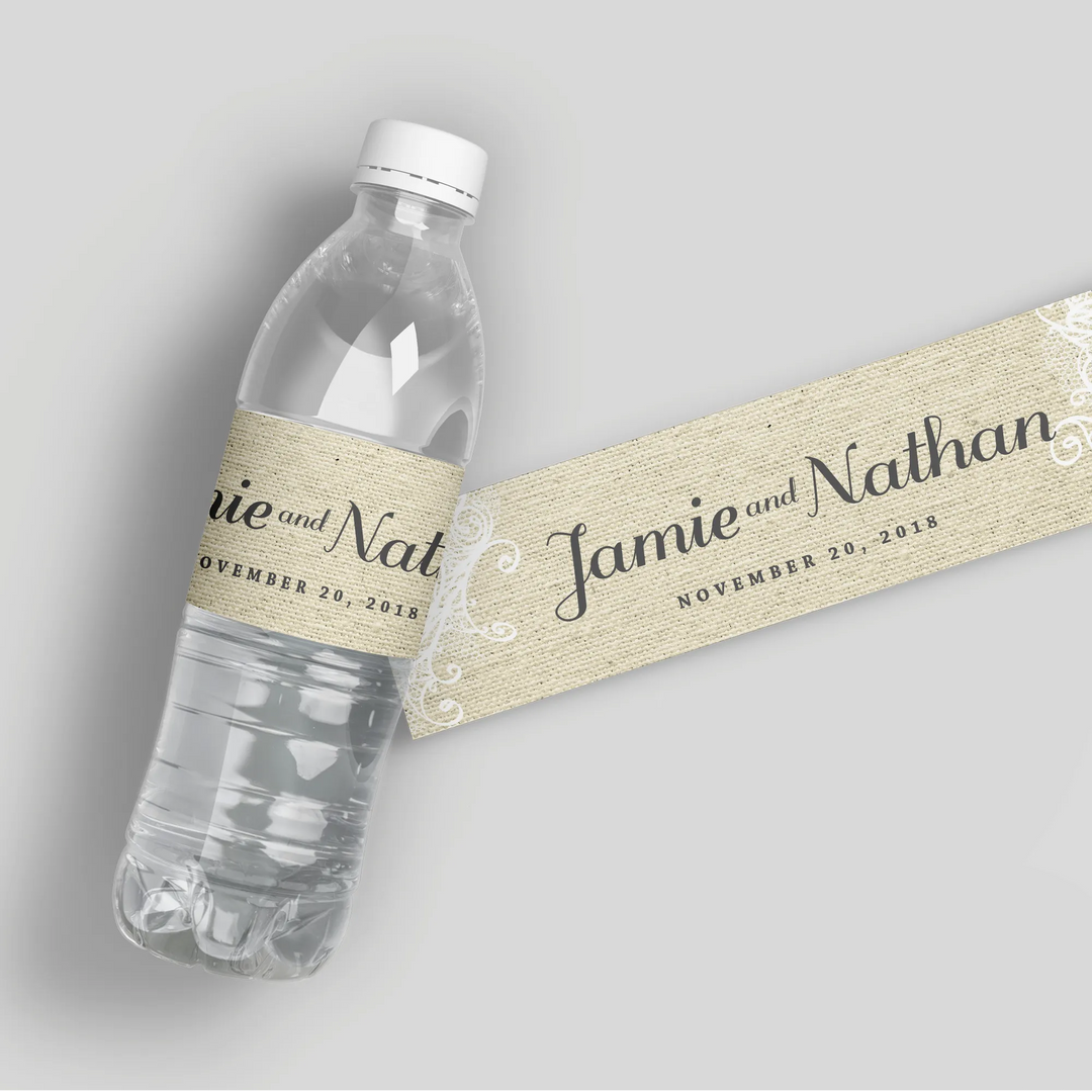 Burlap Lace Water Bottle Labels - iCustomLabel