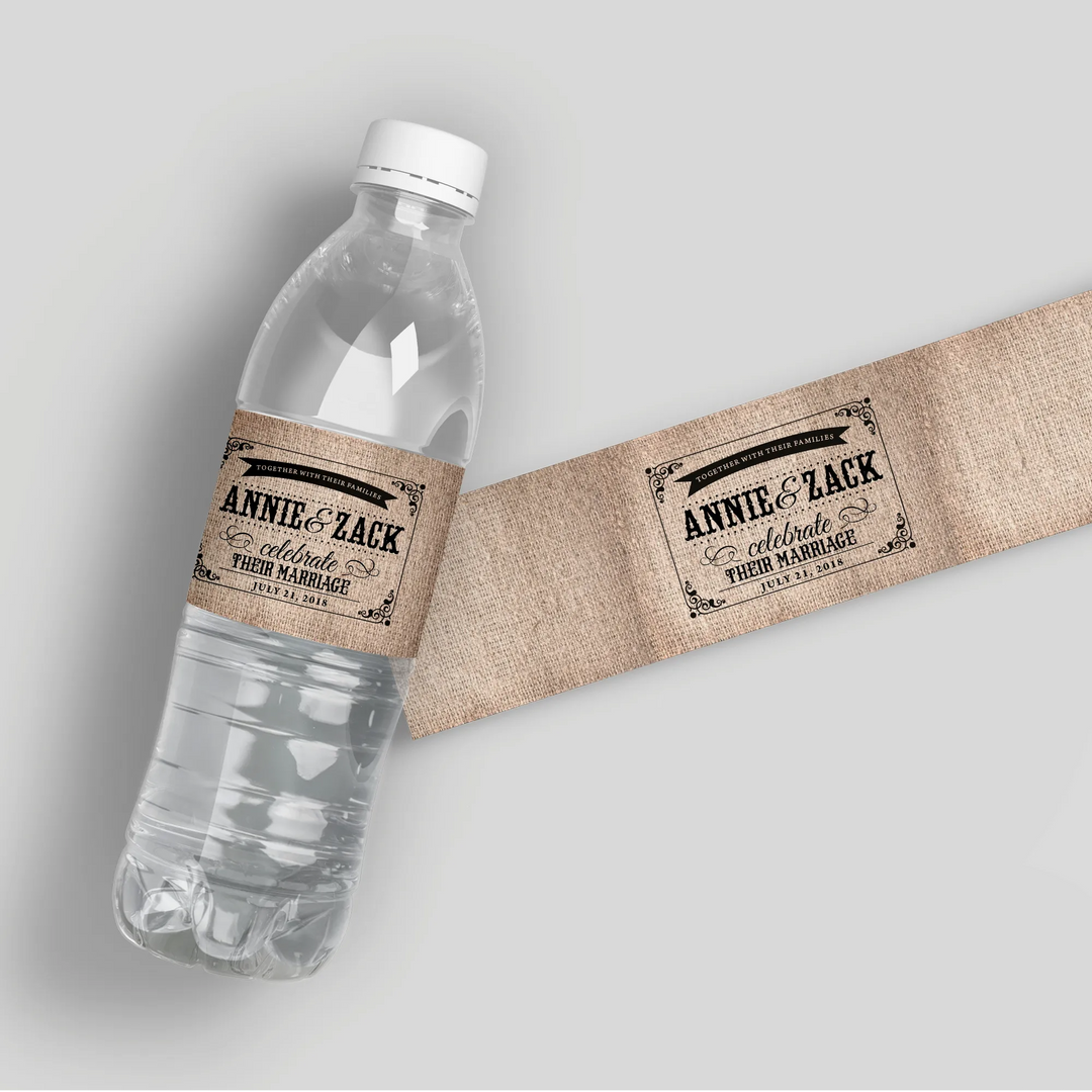 Burlap Wedding Water Bottle Labels - iCustomLabel