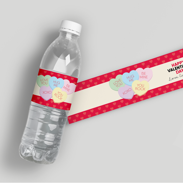 Candy Heart Valentine Water Bottle Labels