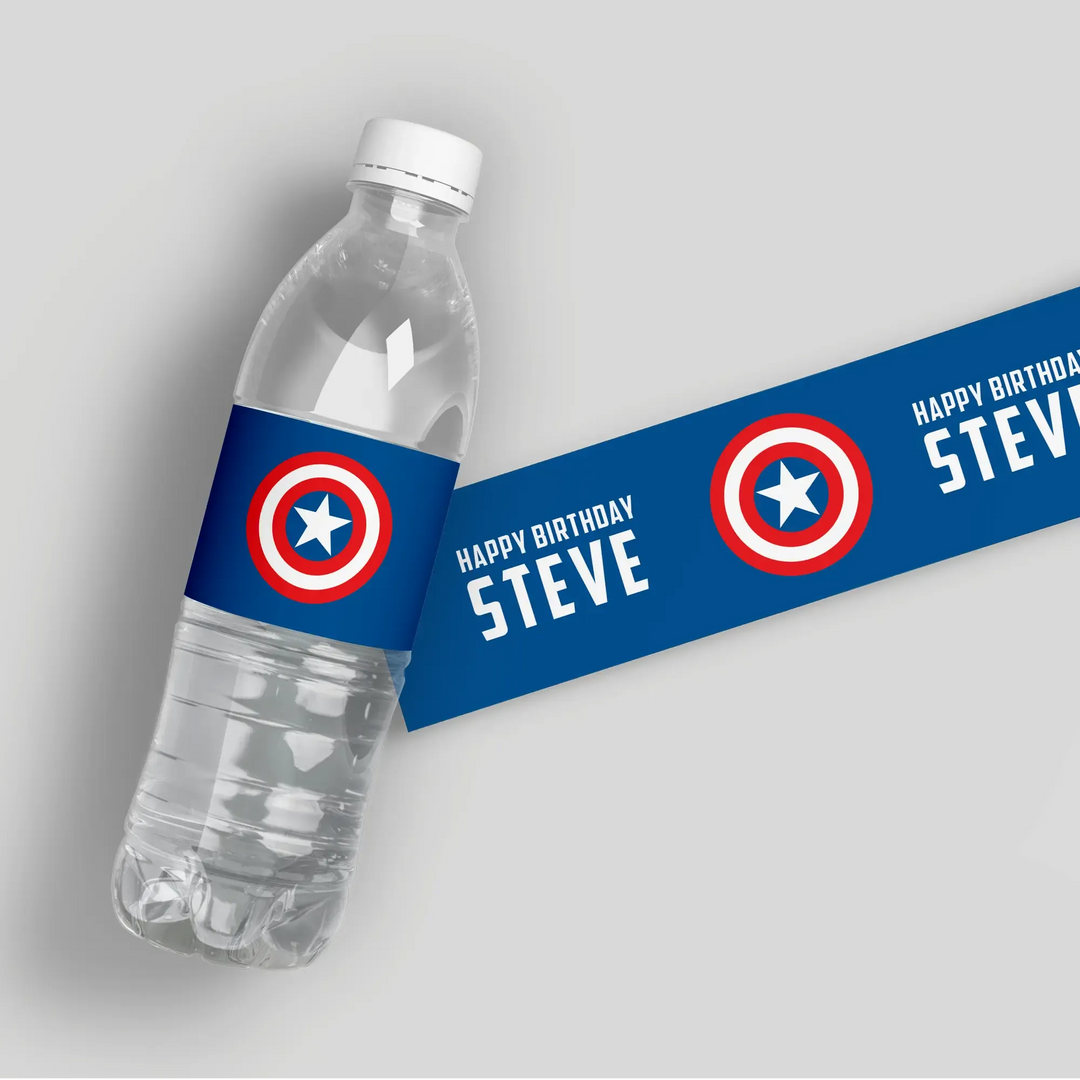 Captain America Birthday Water Bottle Labels - iCustomLabel