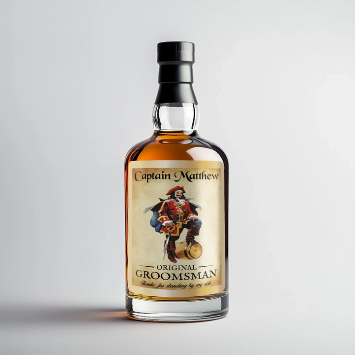 Personalized Captain Morgan groomsmen rum bottle label with pirate illustration