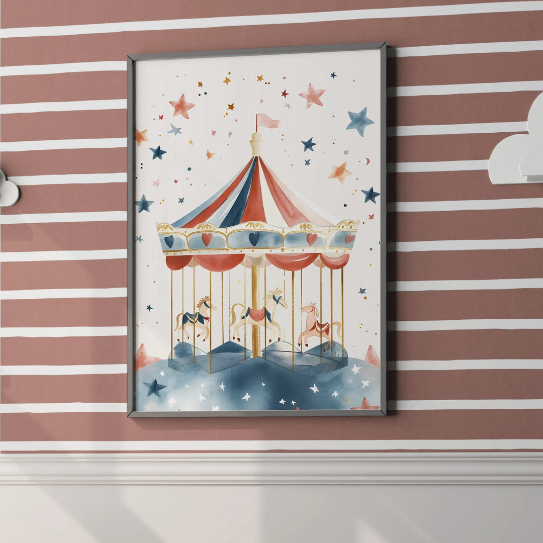 Framed kids room wall art with a colorful carousel and stars on a striped pink wall