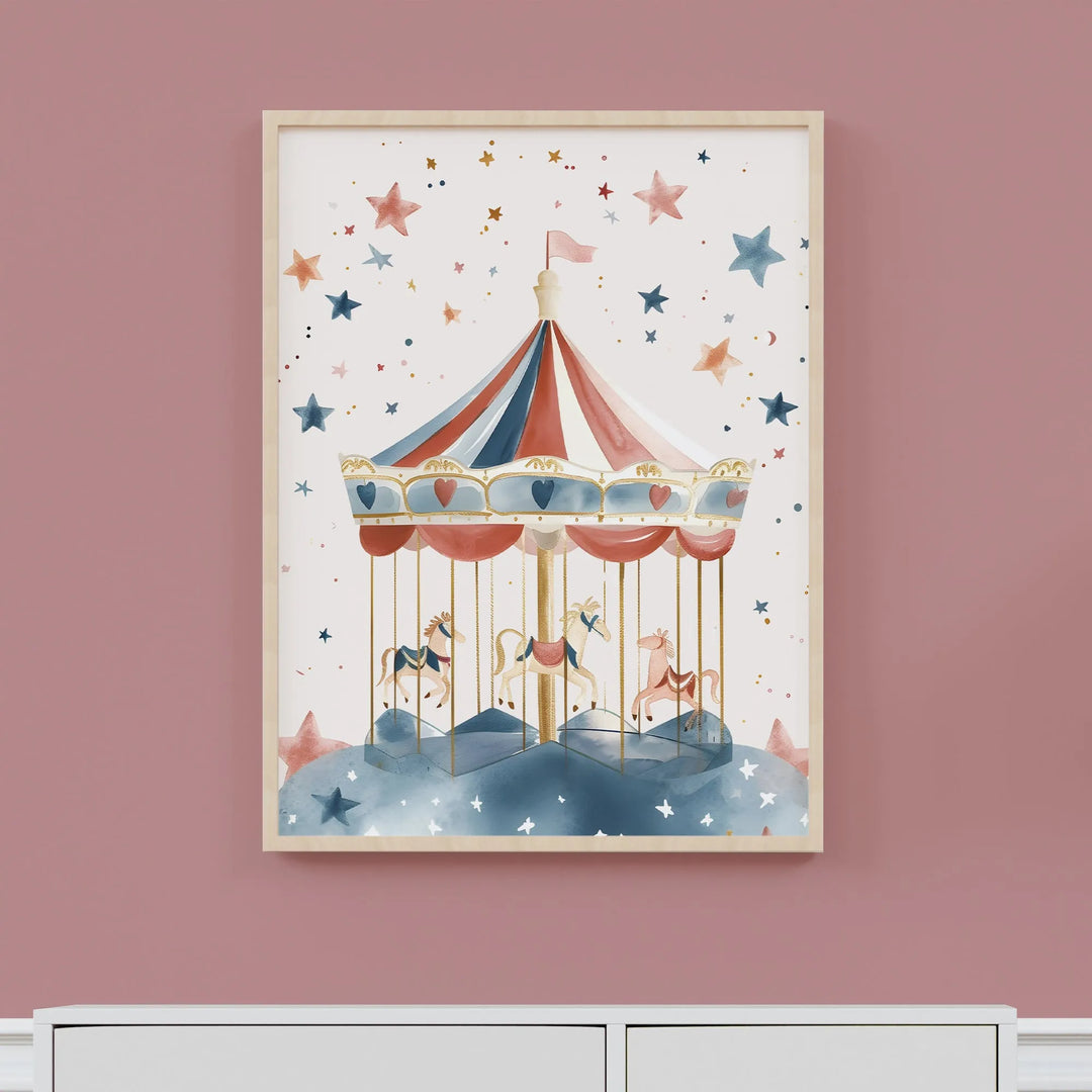 Carousel Nursery Poster – Cute Kids Room Wall Art with Stars and Horses - iCustomLabel