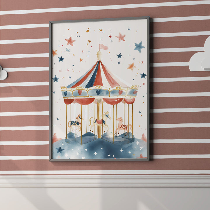Carousel Nursery Poster – Cute Kids Room Wall Art with Stars and Horses - iCustomLabel