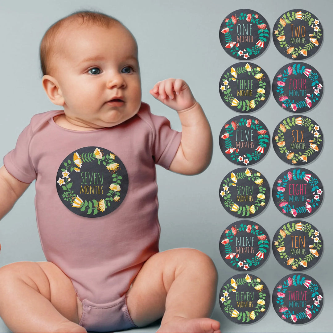 Chalkboard Flower Frame Baby Month Stickers - iCustomLabel