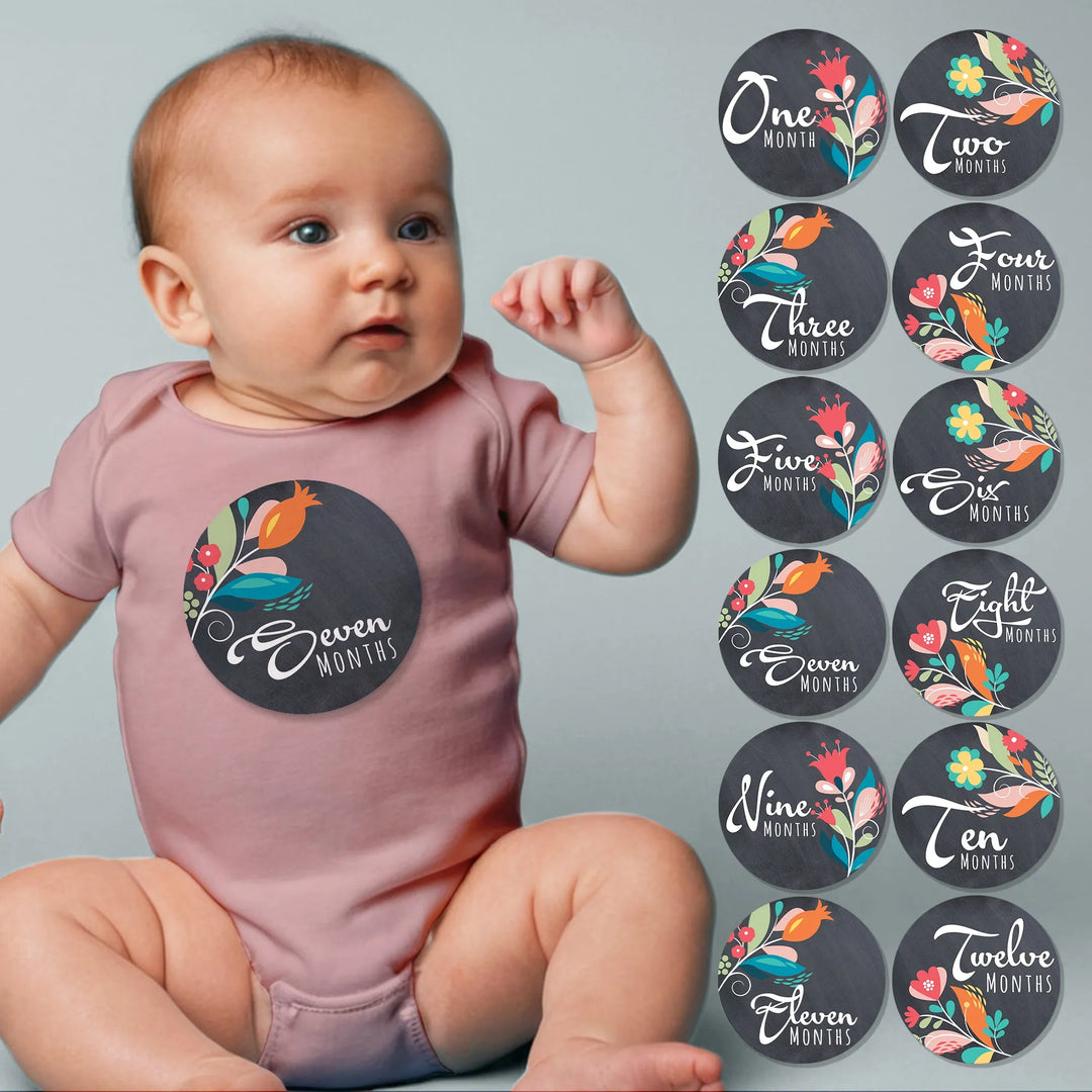 Chalkboard Flowers Baby Month Stickers - iCustomLabel