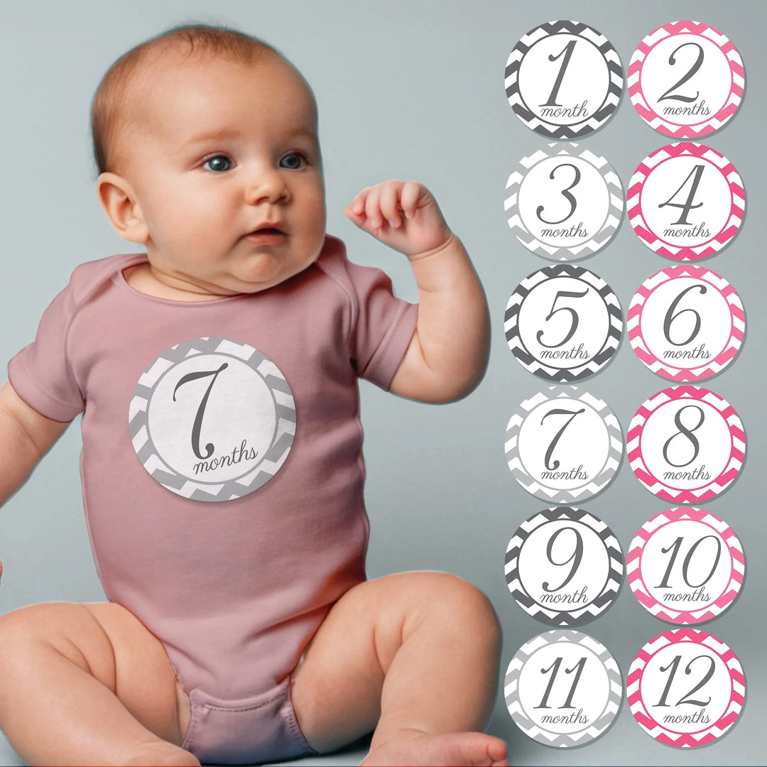 Chevron Pink Gray Script Baby Month Stickers - iCustomLabel