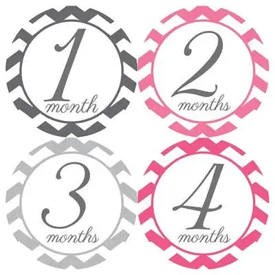 Chevron Pink Gray Script Baby Month Stickers - iCustomLabel