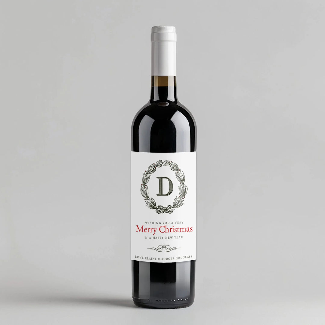 Christmas Monogram Wreath Wine Label - iCustomLabel