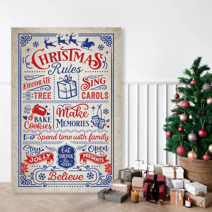 Christmas rules metal sign with holiday sayings next to decorated Christmas tree and wrapped gifts