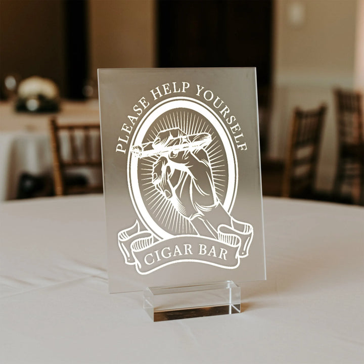 Clear acrylic wedding table sign with vintage hand holding cigar and text Please Help Yourself Cigar Bar