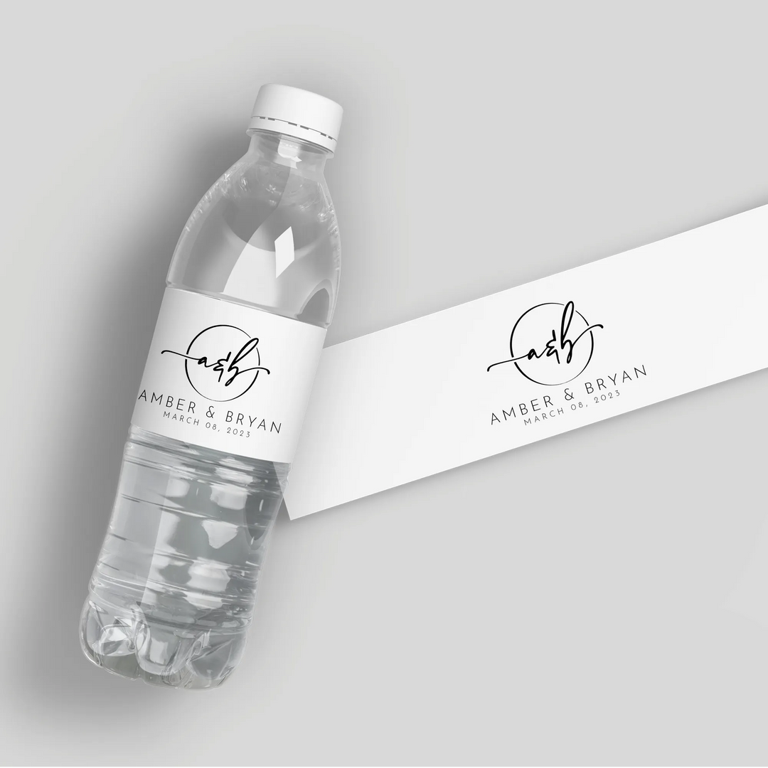 Circle Monogram Wedding Water Bottle Labels - iCustomLabel