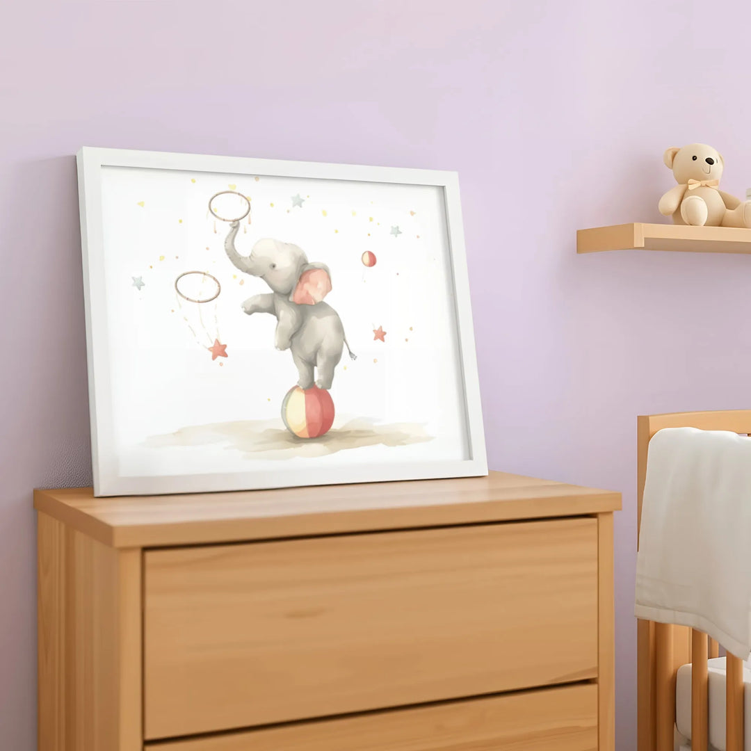 Framed nursery poster of cute circus elephant balancing on ball with stars and hoops, kids room art