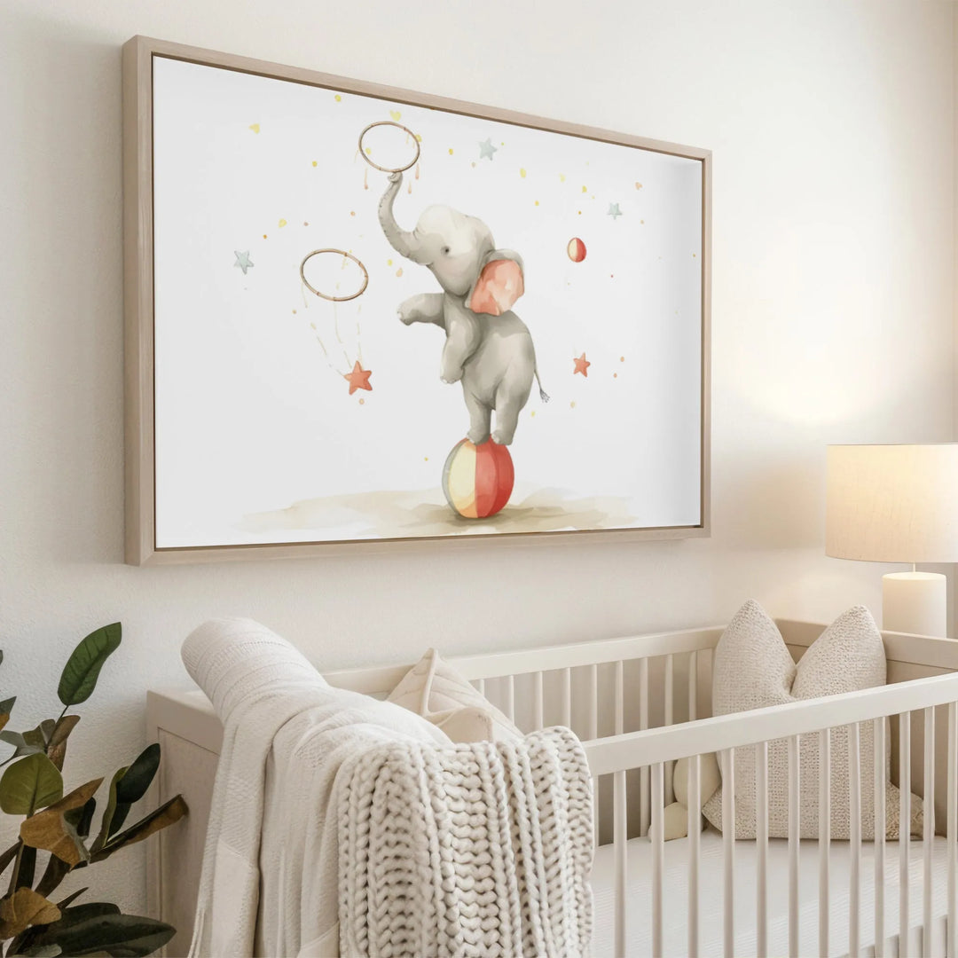 Circus Elephant Nursery Poster – Cute Kids Room Wall Art with Ball and Stars - iCustomLabel