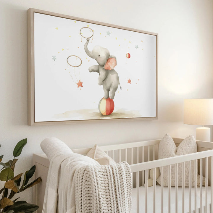Circus Elephant Nursery Poster – Cute Kids Room Wall Art with Ball and Stars - iCustomLabel