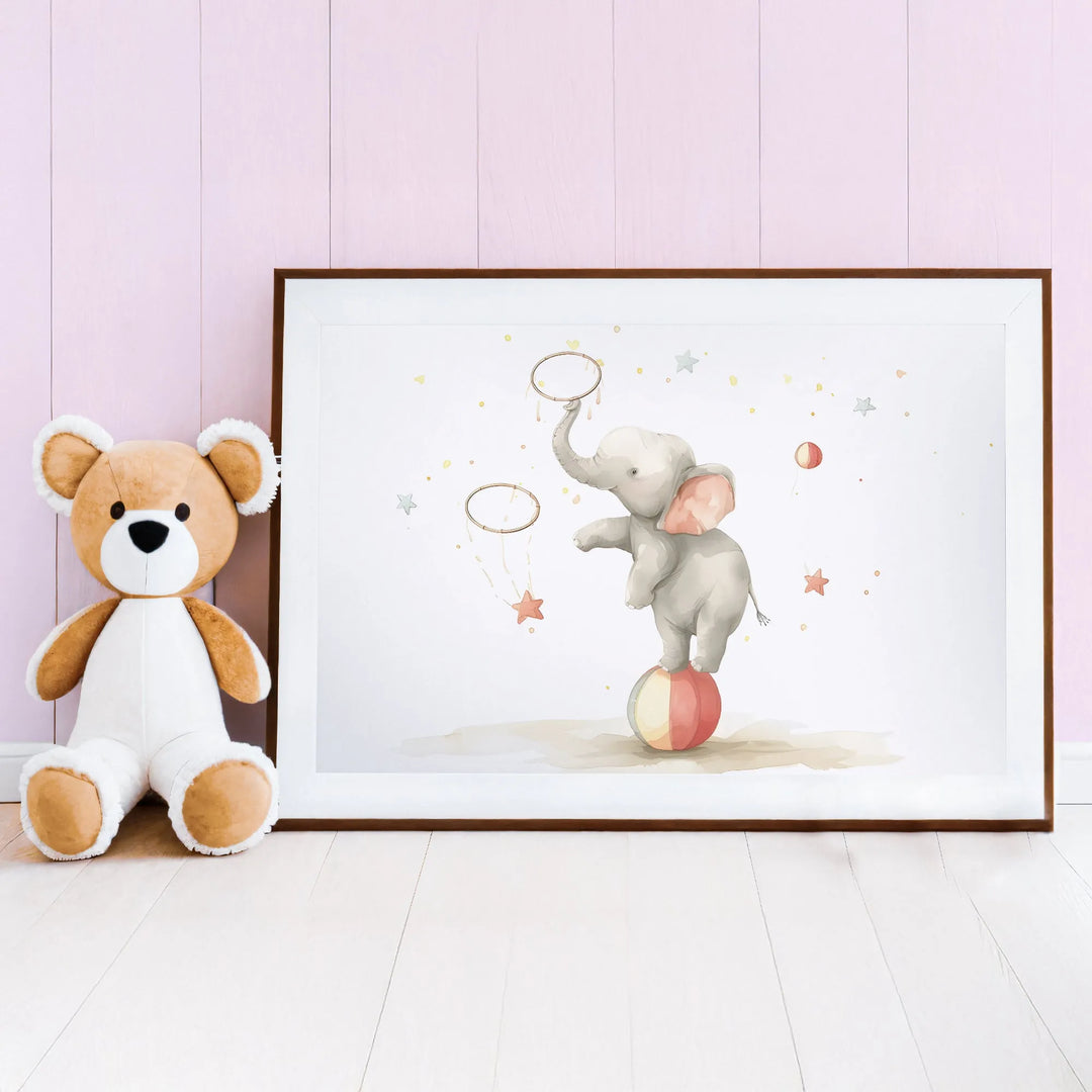 Circus Elephant Nursery Poster – Cute Kids Room Wall Art with Ball and Stars - iCustomLabel
