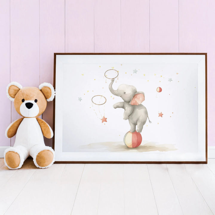 Circus Elephant Nursery Poster – Cute Kids Room Wall Art with Ball and Stars - iCustomLabel