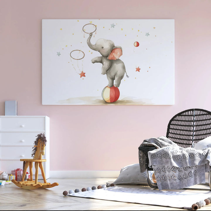 Circus Elephant Nursery Poster – Cute Kids Room Wall Art with Ball and Stars - iCustomLabel