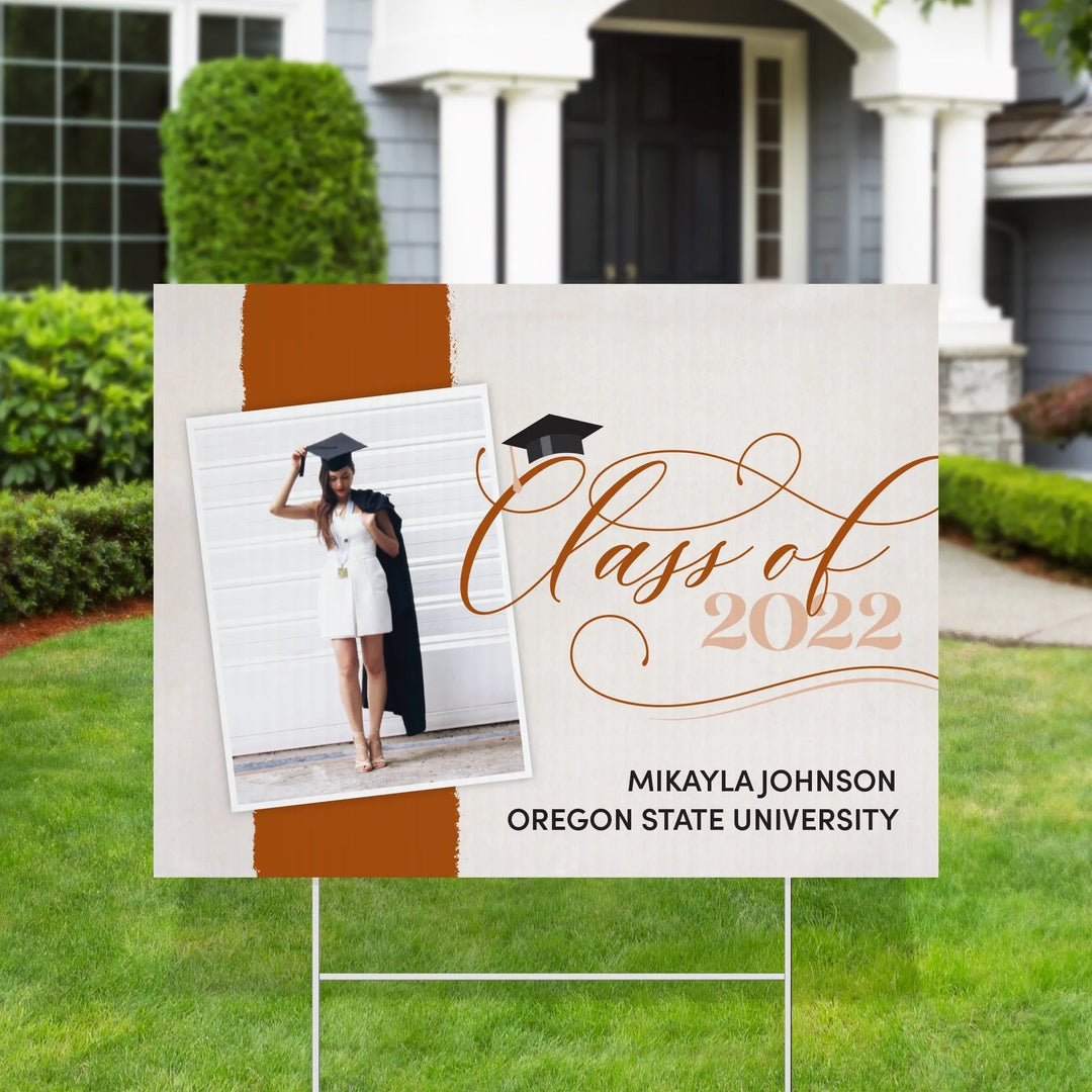 Custom graduation yard sign with photo, Class of 2022 text, and Oregon State University name