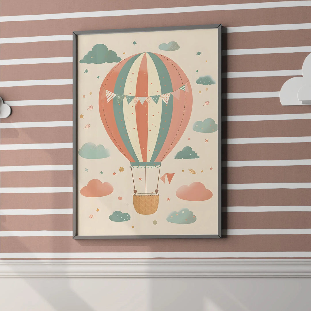 Framed colorful hot air balloon nursery poster with clouds and stars on striped wall