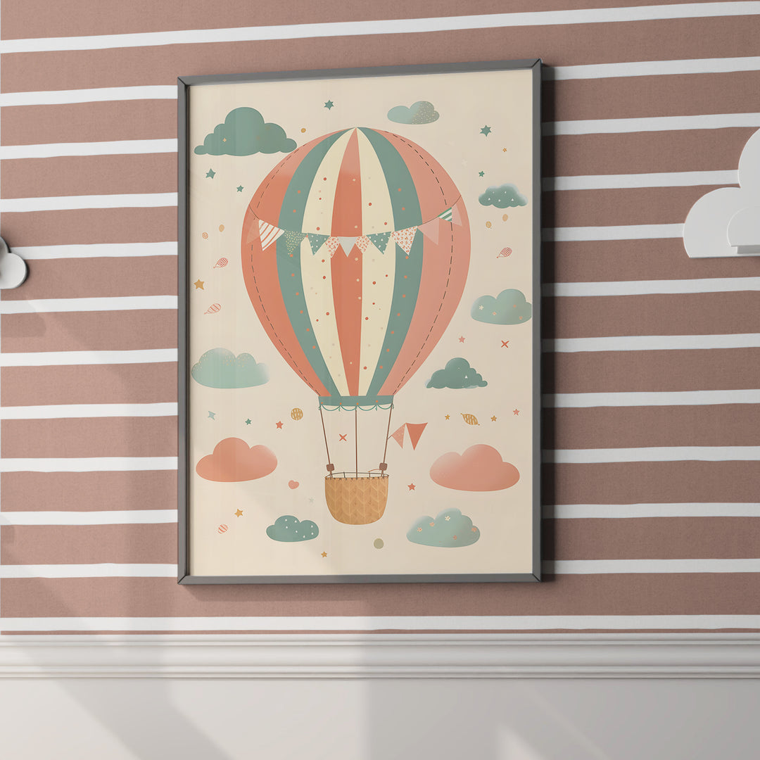 Colorful Hot Air Balloon Nursery Poster – Cute Kids Room Wall Art with Clouds and Stars - iCustomLabel
