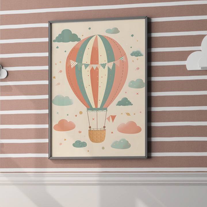 Colorful Hot Air Balloon Nursery Poster – Cute Kids Room Wall Art with Clouds and Stars - iCustomLabel