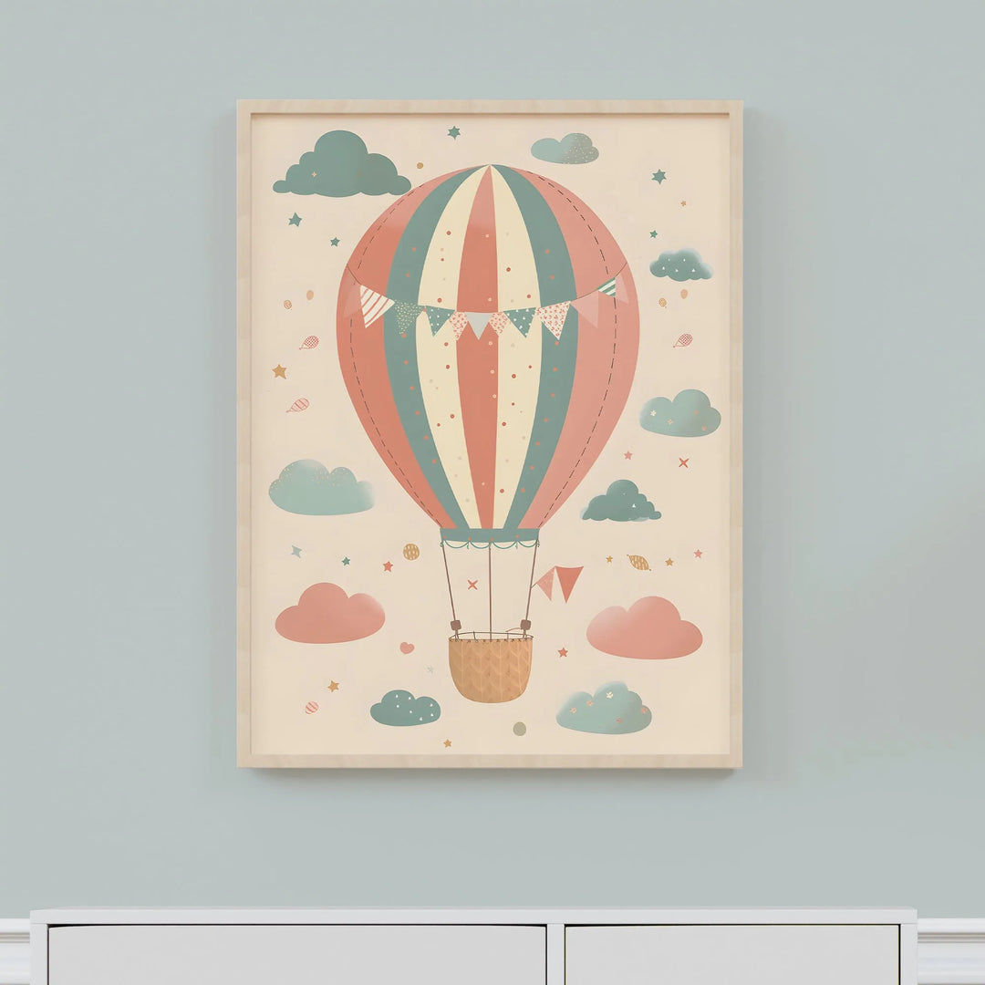 Colorful Hot Air Balloon Nursery Poster – Cute Kids Room Wall Art with Clouds and Stars - iCustomLabel