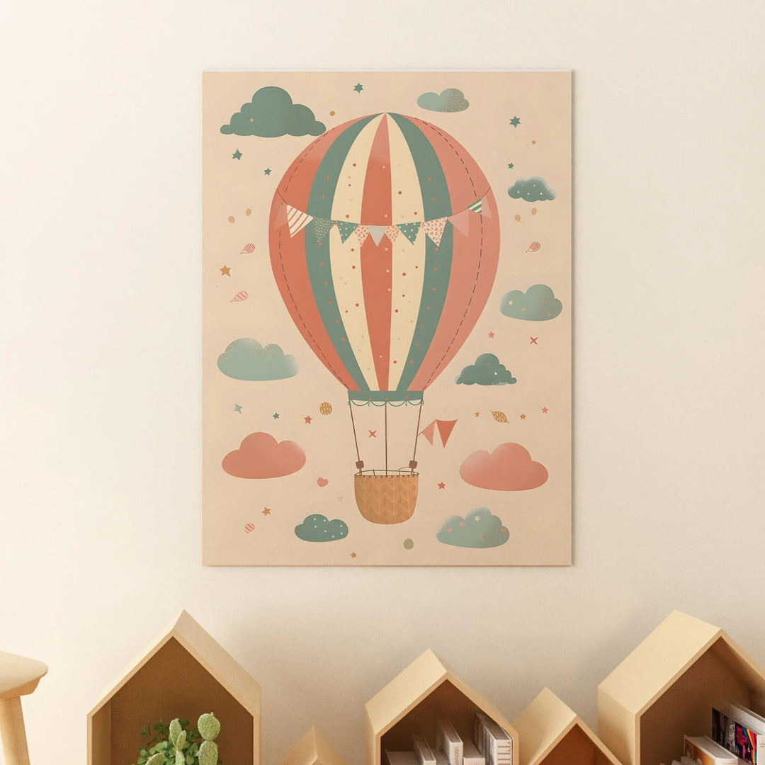 Colorful Hot Air Balloon Nursery Poster – Cute Kids Room Wall Art with Clouds and Stars - iCustomLabel
